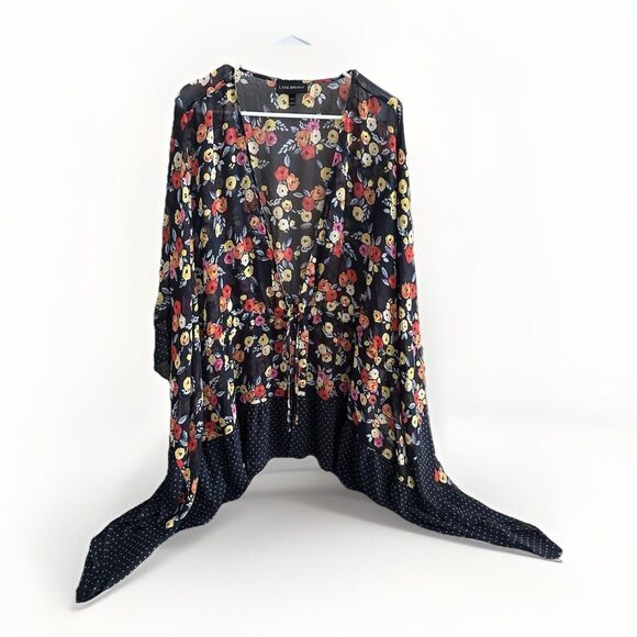 Lane Bryant 18 20 Black Pink Tie Front Kimono Boho Festival Floral Polka Dot - Picture 1 of 7